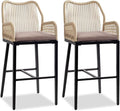 VINGLI Outdoor Bar Stools Set of 2, Heavy-Duty Outdoor Barstools Boho Woven Patio Bar Stools with Backrest, Patio Garden Balcony Pool Bar Chairs with Cushions (Apricot)