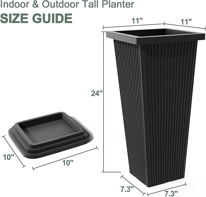Tall Black Planters Outdoor Set of 2, Large Outdoor Tall Planters Pots with Tray, Modern Tapered Flower Planter for Front Porch, Patio, Garden (24", Ribbed)