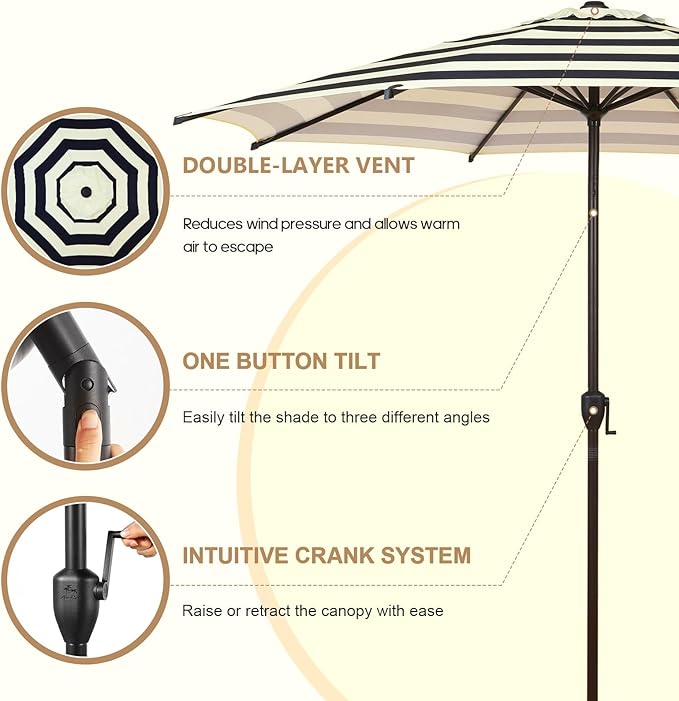 Abba Patio 9FT Lyon Outdoor Patio Umbrella Outdoor Table Umbrella with Push Button Tilt and Crank Market Umbrella 8 Sturdy Ribs UV Protection Waterproof for Garden Deck Backyard Pool, Black & Ivory