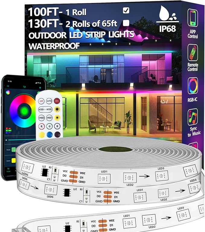 100FT Outdoor LED Strip Light Waterproof,IP68 Outside RGB+IC Light Strip with App/Remote Control,Chase Mode,Music Sync Rope Light for Balcony,Deck,Rooftop,Garden,Pool