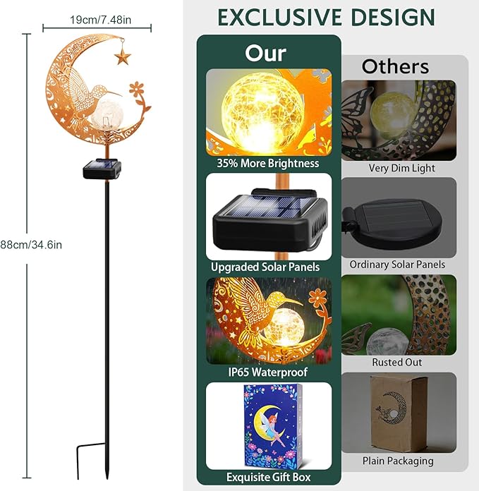 ZNYCYE Solar Lights Outdoor Decorative Moon Hummingbird Solar Stake Lights Birthday Gifts for Women mom Grandma,Hummingbird Garden Decor Waterproof for Walkway, Yard, Lawn, Patio (Warm White)