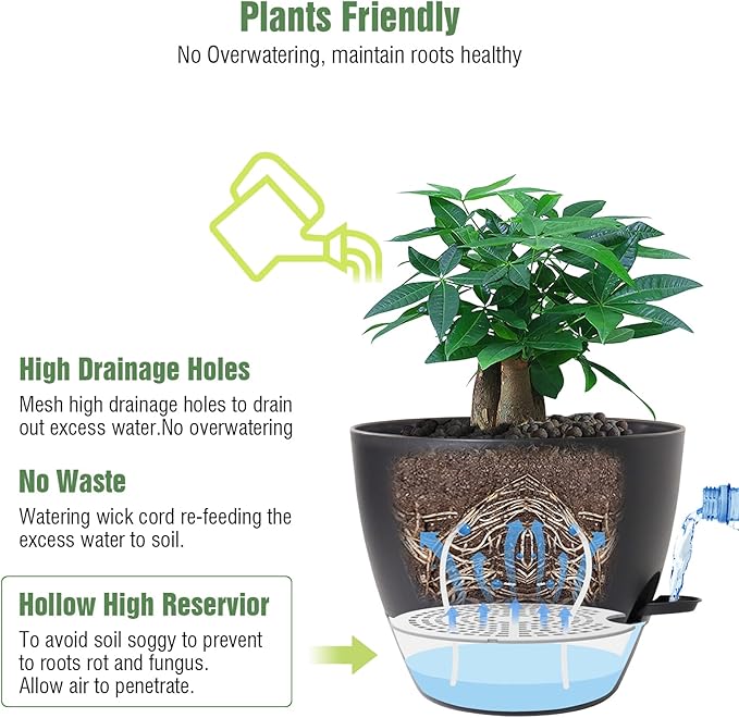 12inch 2Pack Large Self Watering Planters, Plastic Plant Pots with 60oZ Removable Deep Reservoir and Multi Mesh Drainage Holes for Indoor Outdoor Garden Plants and Flowers, Black
