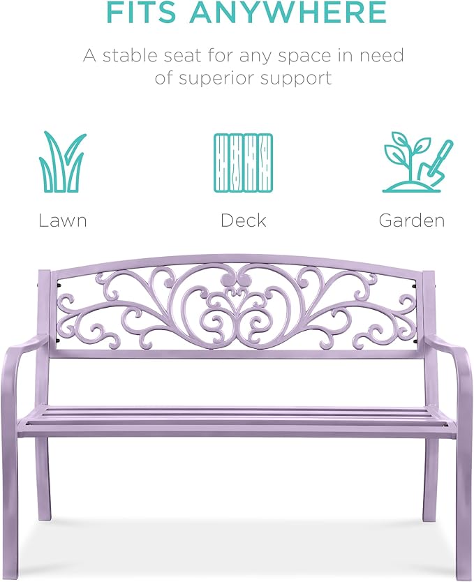 Best Choice Products Outdoor Bench Steel Garden Patio Porch Furniture for Lawn, Park, Deck w/Floral Design Backrest, Slatted Seat - Lavender