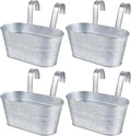OBTANIM 4 Pack Metal Hanging Flower Pots Iron Railing Planter Outdoor Fence Hanging Pots Bucket Plant Holder with Detachable Hooks Drain Holes for Home Garden Yard Decor (Silvery)