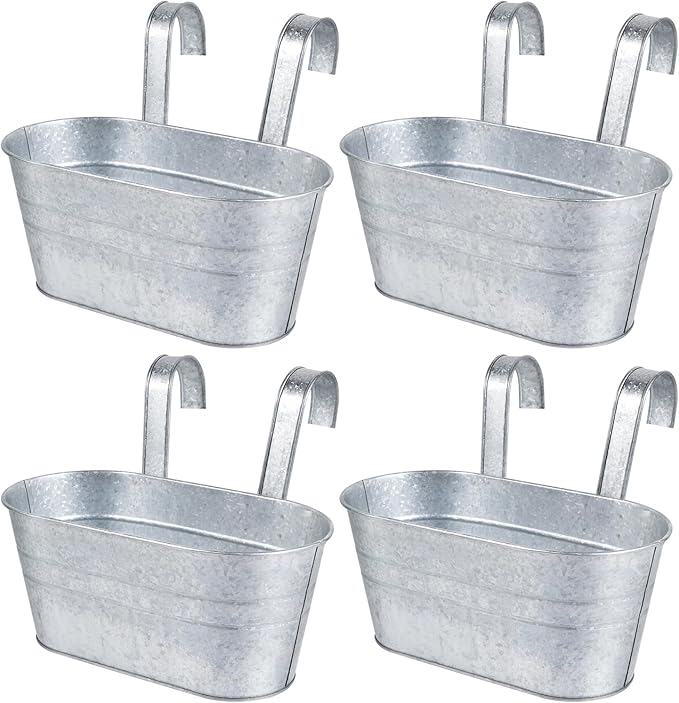 OBTANIM 4 Pack Metal Hanging Flower Pots Iron Railing Planter Outdoor Fence Hanging Pots Bucket Plant Holder with Detachable Hooks Drain Holes for Home Garden Yard Decor (Silvery)