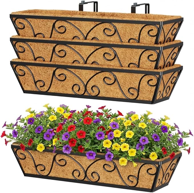 Y&M 24 Inch Window Deck with Coco Liner, Fence Metal Hanging Flower Planter Window Basket Deck Railing Planter Boxes for Outdoor Garden Lawn-Butterfly,4pcs