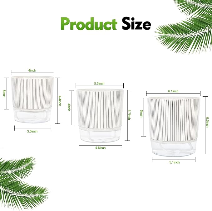 Self Watering Pots for Indoor Plants, 6 & 5 & 4 Inch Stylish Flower Pots, Set of 3 Modern Planters with Self-Watering Feature (Black Stripes)