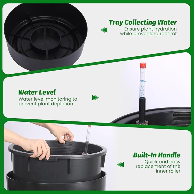 GarveeLife Set of 2 Tall Planters for Outdoor Plants, 22 in Large Planters for Outdoor Indoor Plants with Water Level Monitor ＆ Inner Bucket, Automatic Watering, for Porch, Patio, Backyard, Black