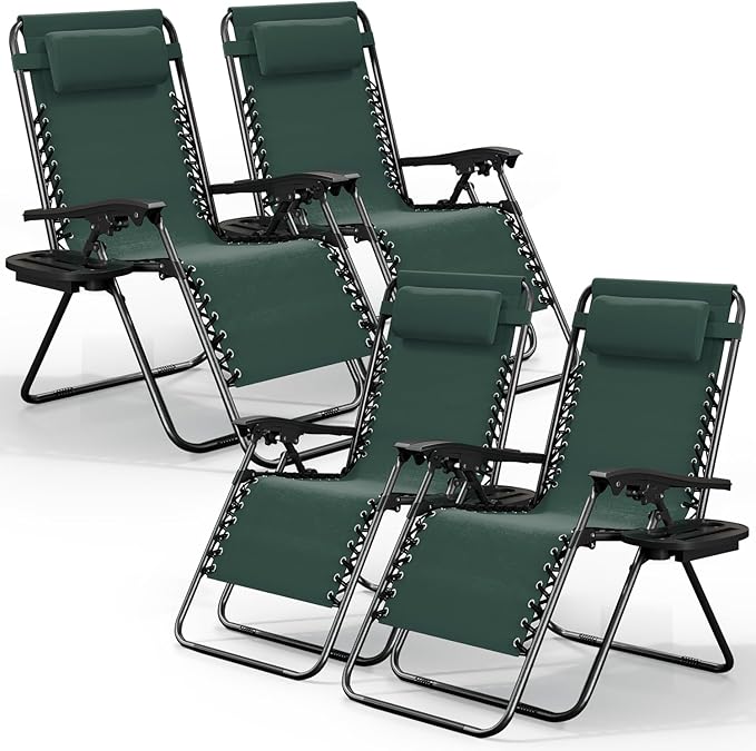 Nestl Zero Gravity Chairs Set of 4, Patio Lounge Chair Outdoor with Pillows & Cup Holder Trays, Adjustable Steel Mesh Reclining Camping Chair, Folding Patio Lawn Chair for Deck, Beach - Forest Green
