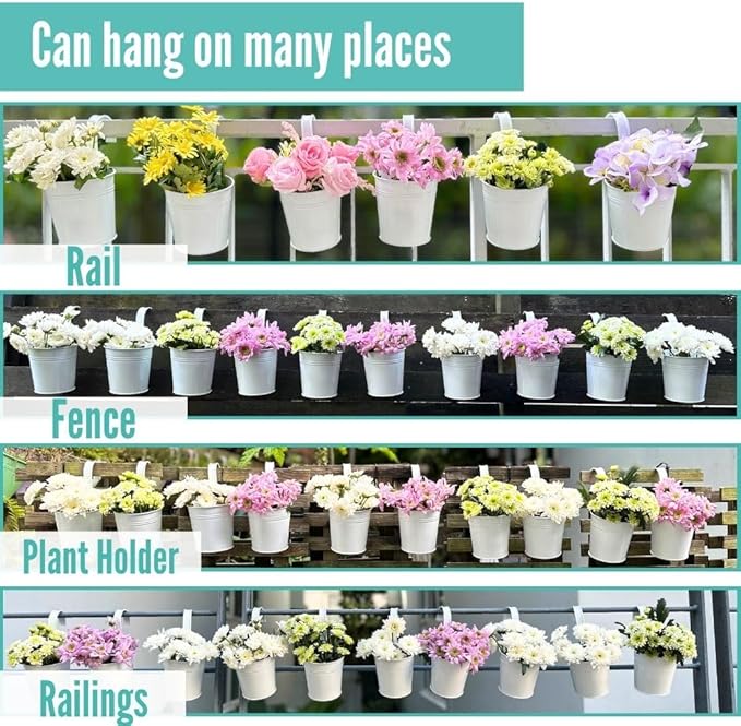 LaLaGreen 6 Inch Hanging Planter Iron - 10 Pack, White Large Metal Flower Pot Over Rail Balcony Railing Hanging Buckets for Plants Outdoor Fence Wall Herb Garden Succulent Outside Deck Patio Porch