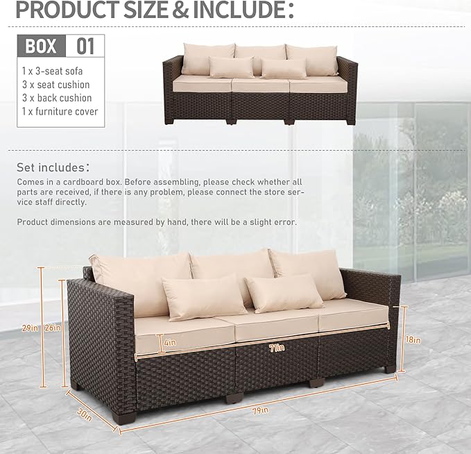 Outdoor Furniture Couch 3 Seater Sofa Outdoor Brown Wicker Sofa Deep Seat High Backrest Patio Couch with Non-Slip Cushions Waterproof Cover, Khaki