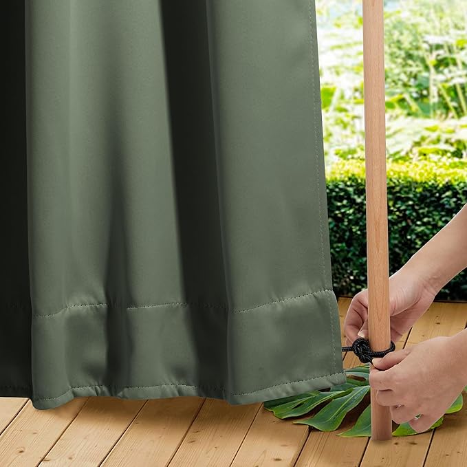 NICETOWN 2 Panels Weighted Blackout Outdoor Curtains for Patio Waterproof, Grommet & Back Tab on top and Bottom Windproof Privacy Thermal Drapes for Cabana with Fixed Rope, W52 x L95, Greyish Green