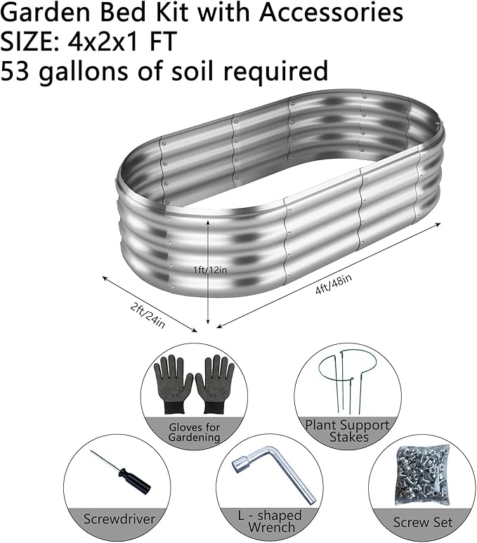 Galvanized Metal Raised Garden Bed Kit, 4x2x1ft Outdoor Planter Box, Garden Grow Bed for Vegetables, Flowers, Patio Gardening