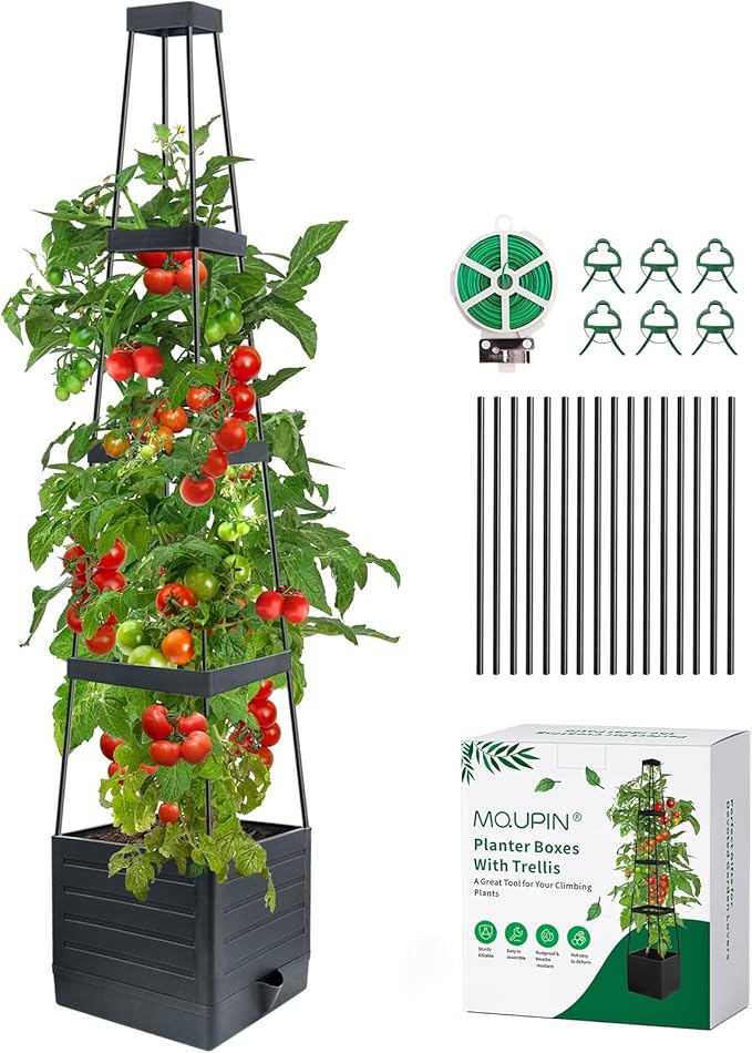 MQUPIN Tomato Planter Box with Trellis for Garden, 57 Inch Self-Watering Raised Garden Bed, Patio Tomato Cage for Climbing Vegetables & Flowers, Upgraded Tomato Pot for Indoor Outdoor Use(1 Pack)