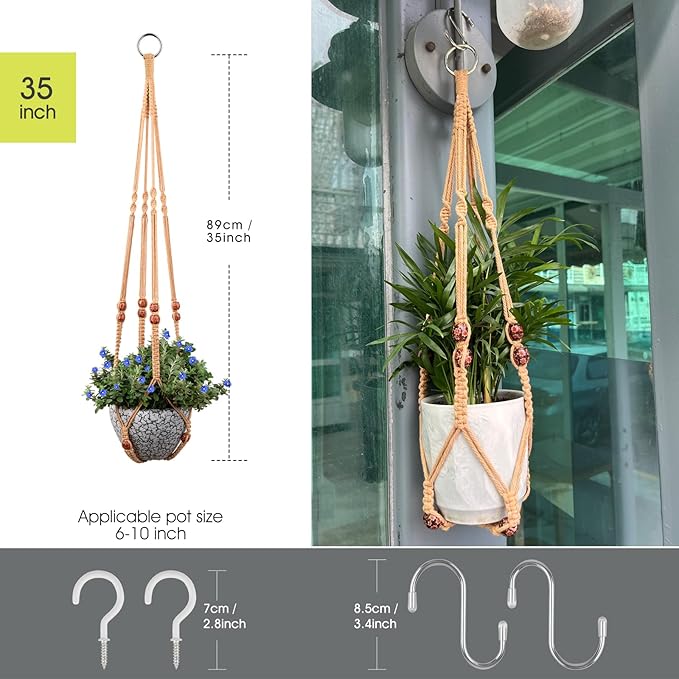 Macrame Plant Hanger for 5 to 10 Inch Plant Pots, Set of 2 Indoor Handmade 35 Inch Woven Rope Hanger Kits with Hooks and Wood Beads, Hanging Planter Basket Holder for Boho Home Decor (Brown, 2 Pack)
