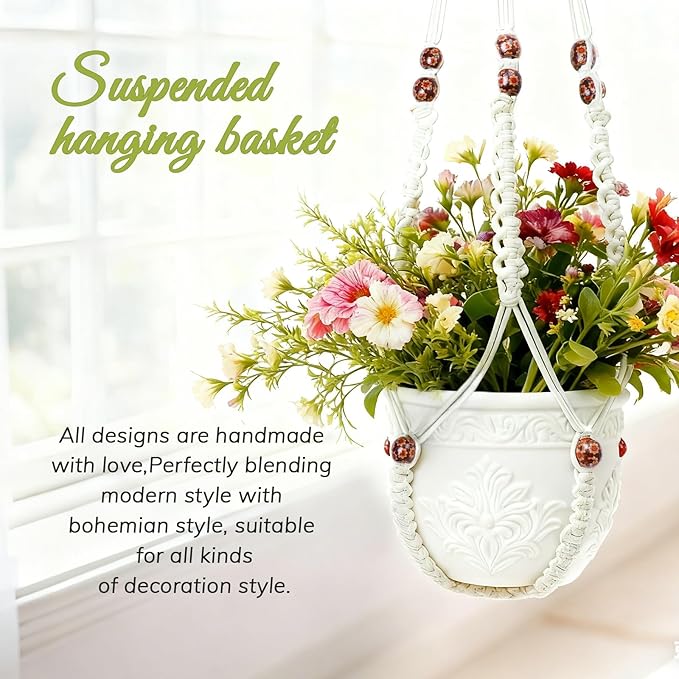 35 Inch Macrame Plant Hanger, Large for up to 15 Inch Pot Extra Long Hanging Planter Holder Basket with Wood Beads for Indoor Outdoor Home Decor (Ivory, 1-Pack)