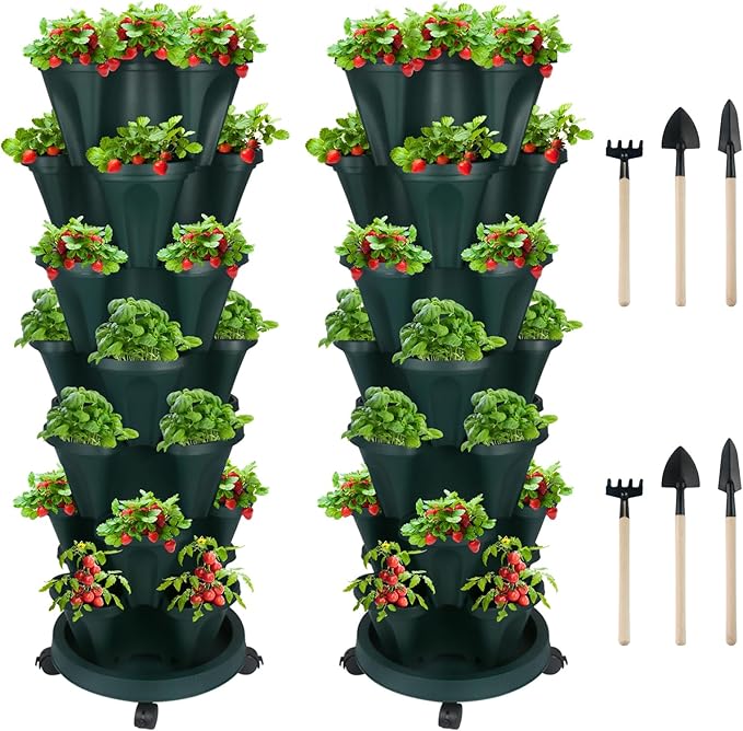 GameXcel Vertical Planter 7 Tier Stackable Planters Garden Planters Strawberry Herb Flower and Vegetable Planter Indoor Outdoor Gardening Pots with Removable Wheels and Tools 2-Pack