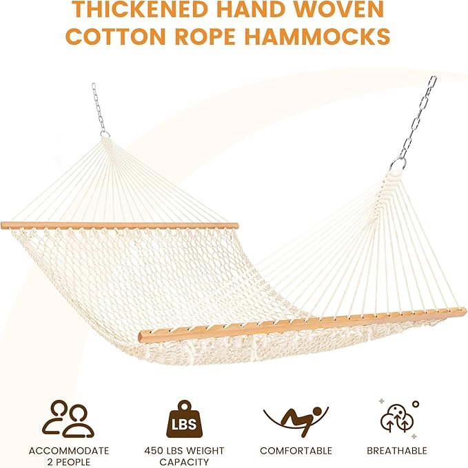 Lazy Daze Hammocks Double Rope Hammock, 2 Person Traditional Outdoor Hand Woven Cotton Rope Hammock with Spreader Bar, Carabiners, Tree Straps, Chains for Patio Yard - Max 450 Lbs, Natural