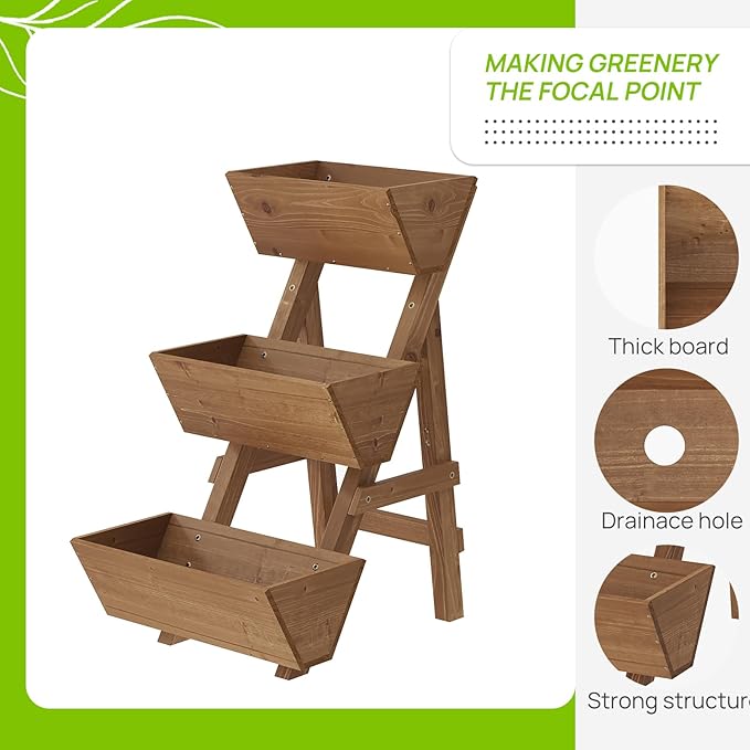 3-Tiers Wooden Raised Garden Bed Planter Box Flower Pots Vertical Garden Planter Wood Plant Stand for Vegetables Flowers Herbs for Patio, Balcony, Freestanding (Brown S)