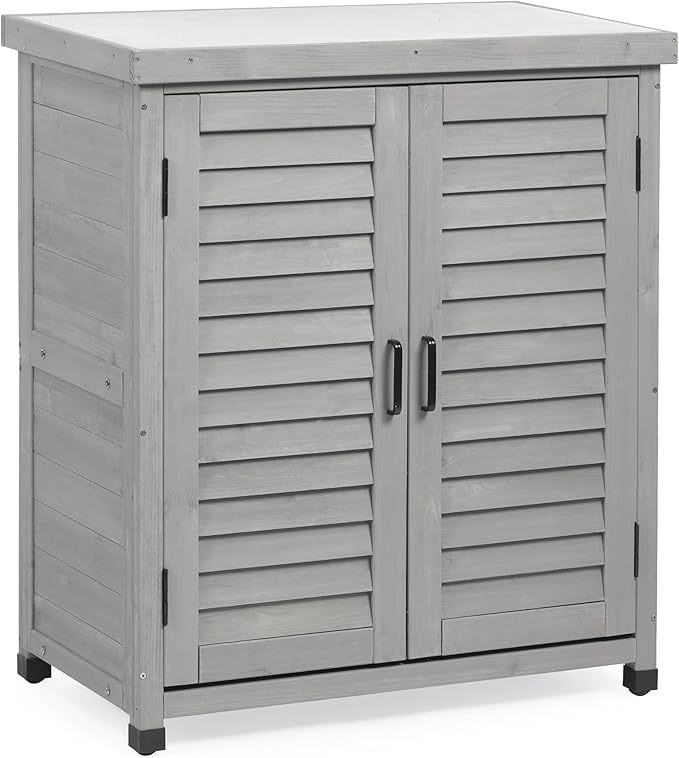 Outdoor Potting Bench with Storage Cabinet and Metal Top, Wood Workstation for Outdoor Patio, Garden (Light Grey, 31x17x36‘’)