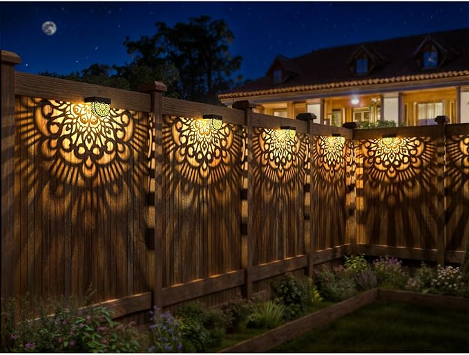 6 Pack Solar Fence Lights Outdoor Wall Lights Black Plastic Solar Powered Deck Step Stair Lights Mandala Theme Waterproof Fence Solar Light for Garden Post Patio Backyard Yard Decor