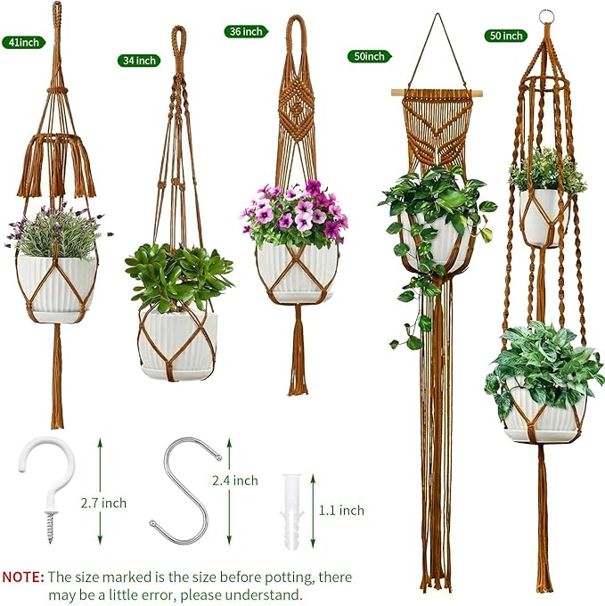 Macrame Plant Hangers, 5Pack Hanging Planters for Indoor Plants w/ 5 Set Hooks Handmade Cotton Rope Hanging Plant Holders Plant Hanger Indoor for Boho Home Decor (Planter Pot Not Included)