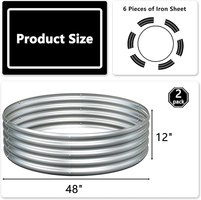4x4x1ft(2 Pack) Galvanized Round Raised Garden Bed,Outdoor Planter Box Metal Patio Kit Planting Bed for Vegetables Flowers Herb,Silver
