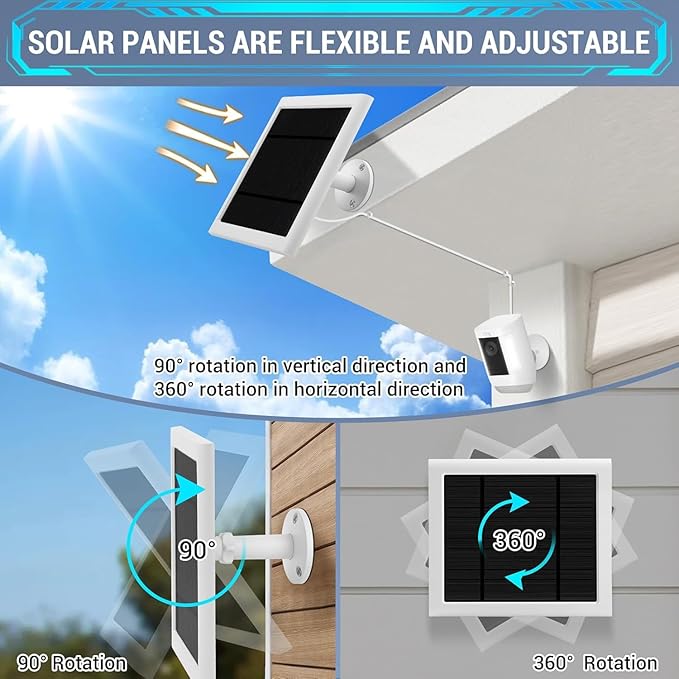 IP65 Solar Panel Outdoor for Ring Cameras (White 2P) Spotlight Cam Plus/Pro(Battery) Stick Up Cam/Pro Wireless Outdoor with 10FT/3M Long Cable Dustproof Waterproof