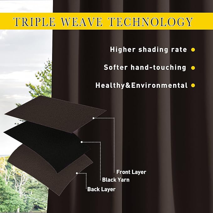 NICETOWN 2 Panels Outdoor Curtains for Patio Waterproof & Windproof, Extra Wide Grommet & Back Tab on Top & Bottom Thermal Insulated Sun Blocking Drapes with Rope for Deck, Toffee Brown, W100 x L95