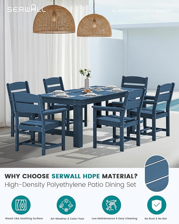 SERWALL Outdoor Dining Table Set, 67‘’ HDPE Patio Dining Set for 6, All-Weather Outdoor Table and Chairs Set for Deck, Blue