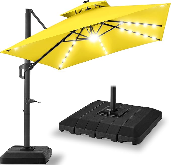 Best Choice Products 12x12ft LED Cantilever Patio Umbrella w/Base Included & 360° Rotation, Large Solar Offset Hanging Outdoor Sun Shade for Deck, Backyard Table w/Stand & Lights – Yellow
