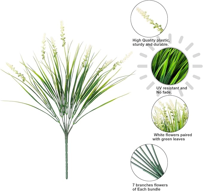 Artificial Fake Outdoor Plants Flowers for Summer Decoration,10 Bundles Faux Plastic Tall Monkey Grass Greenery UV Resistant Realistic for Home Outside Planter Window Porch Patio Garden-White