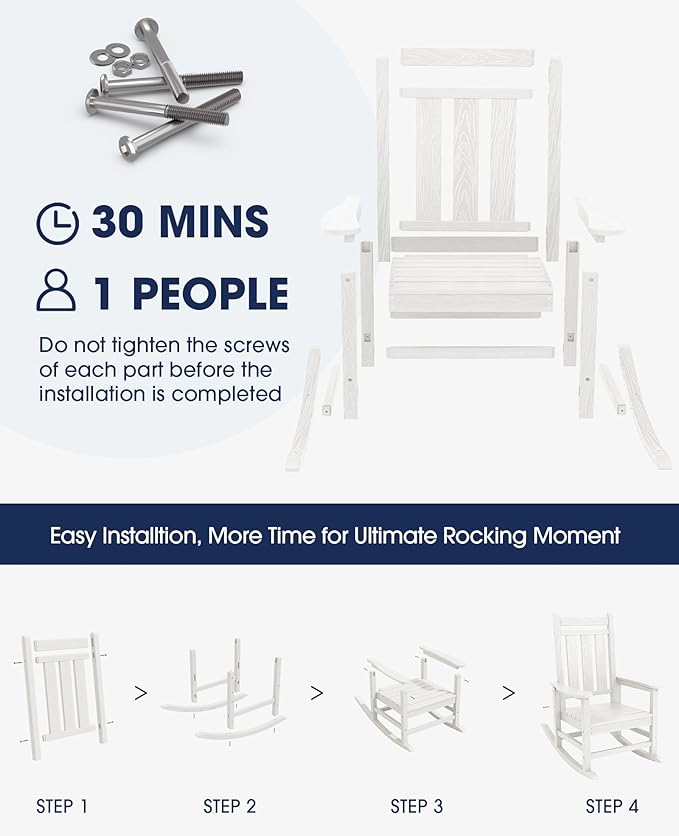KINGYES Oversized Outdoor Rocking Chair Set of 6, All-Weather Patio Rocking Chairs for Porch, HDPE Outdoor Patio Rockers with High Back & Wide Seat for Garden, Lawn, White