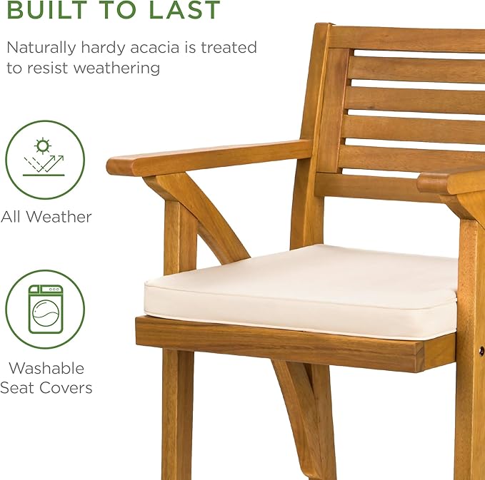 Best Choice Products Set of 2 Outdoor Acacia Wood Bar Stools Bar Chairs for Patio, Pool, Garden w/Weather-Resistant Cushions - Cream