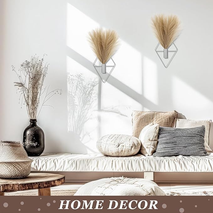 2 Pieces Boho Wall Decor Hanging Planters with Artificial Plants Metal Hanging Vase Indoor Plants Holder Modern Wall Art for Bathroom Bedroom Living Room Decor, Silver, Pampas Grass