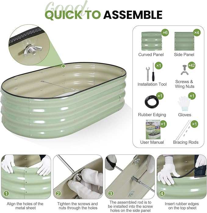 G GOOD GAIN Raised Garden Beds - 4x2x1ft Galvanized Planter Boxes Kit with Protective Tape & Gloves & Tools | Oval Metal Outdoor Raised Bed for Gardening Vegetables, Fruits, Flowers, Herbs, Green