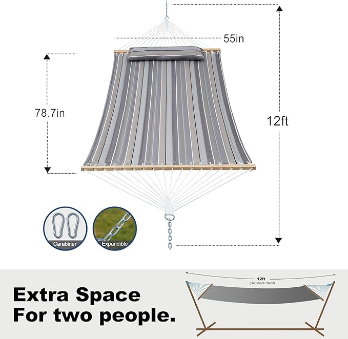 2 Person Hammocks for Outside, Double Quilted Fabric Outdoor Hammock with Spreader Bar, Large Removable Pillow, Storage Pockets, Carabiners, Max 475 lbs Capacity (Peace Dove Grey)