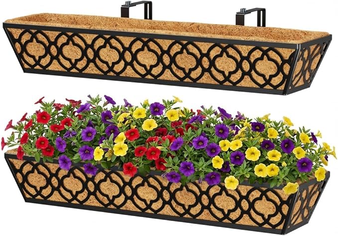 Y&M 30 inch Window Planter Box 2Pcs Iron Window Deck Railing Planter with Coco Liner, Metal Horse Troughs Fence Planter for Outdoor Balcony Rail Fence Porch Patio