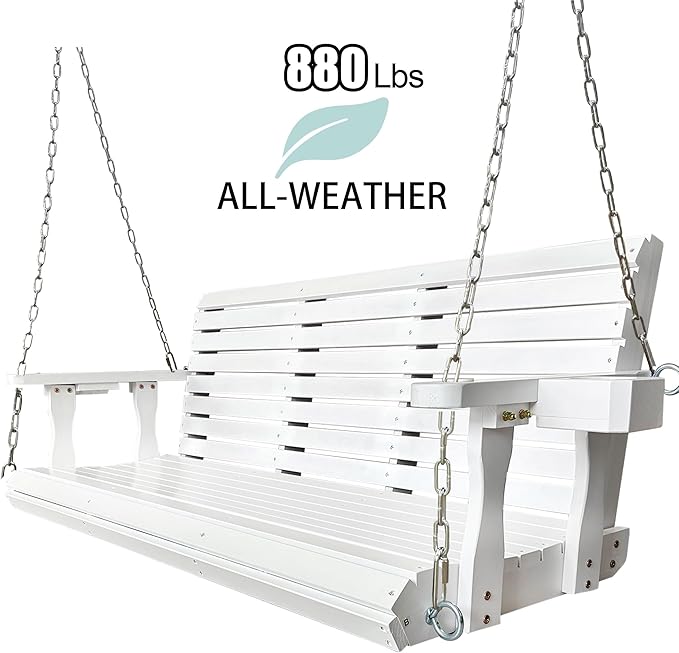 Wooden Porch Swing 3-Seater, High Backrest and Deep Seat, Bench Swing with Cupholders, Hanging Chains and 7mm Springs, Heavy Duty 880 LBS, for Outdoor Patio Garden (Pure White, 5 FT Extra Large)
