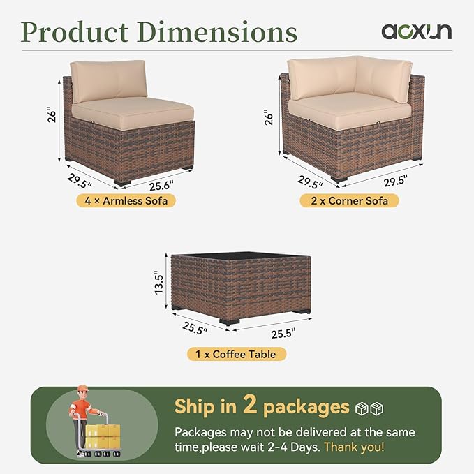 Aoxun 7 Piece Patio Furniture Set Wicker Rattan Patio Conversation Set Outdoor Sectional Sofa Set with Coffee Table and Thickened Cushions, Beige (Waterproof Cover Included)