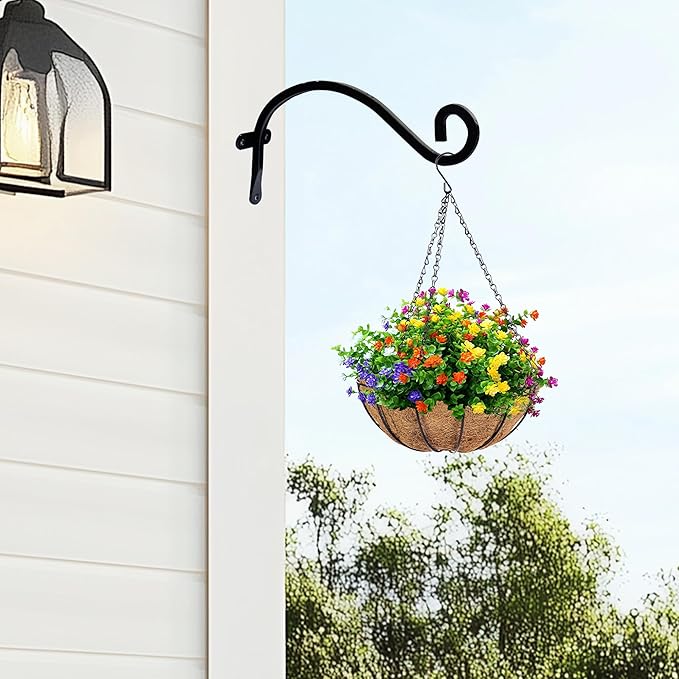 Hourleey 2 Pack Plant Hanger Outdoor, 8 Inch Heavy-Duty Hanging Plant Hook for Outside Basket, Black Metal Wall Mount Plant Bracket Hook for Flower Baskets Bird Feeder