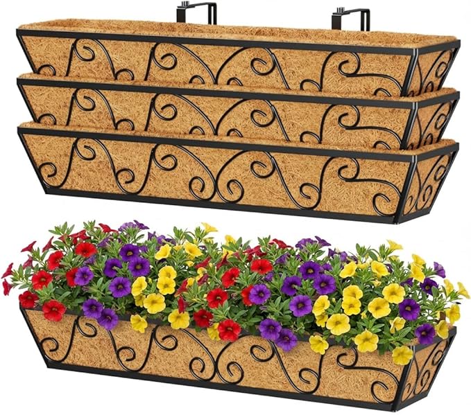 Y&M 30 Inch Butterfly Window Deck with Coco Liner, Fence Metal Hanging Flower Planter Window Basket Deck Railing Planter Boxes for Outdoor Garden Lawn 4pcs