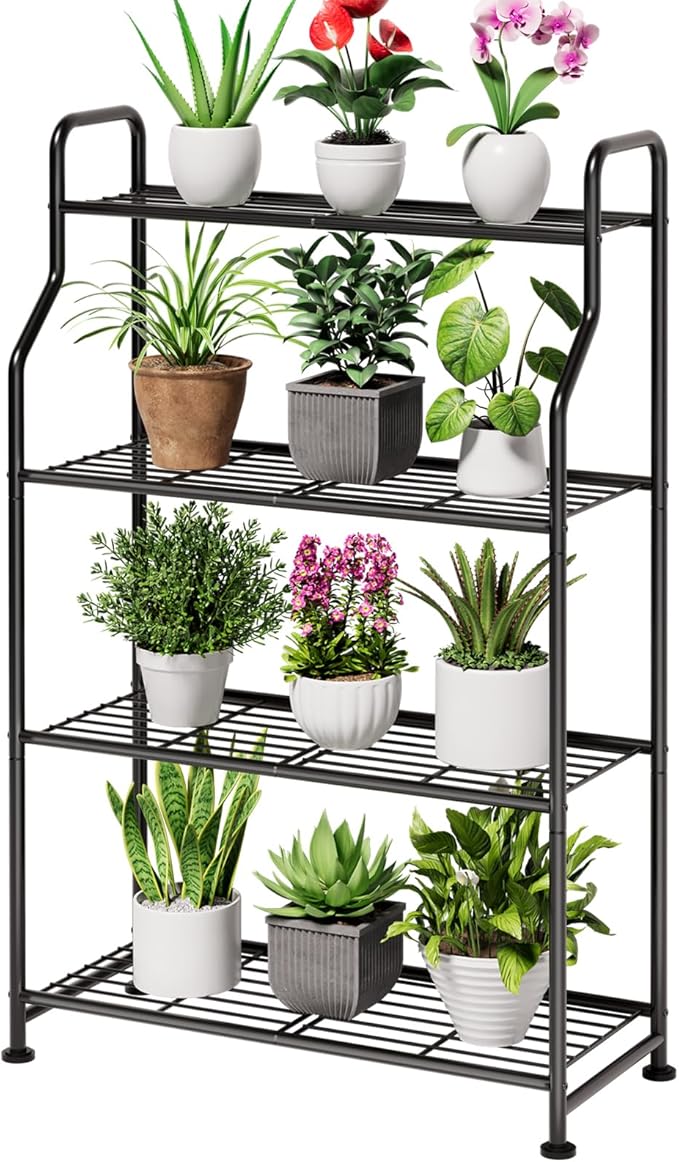 Kitsure Plant Stand Indoor & Outdoor - 4-Tier Metal Plant Shelf with Adjustable Leveling Feet, Easy to Assemble Planter Stand for Patio, Balcony, or Garden (Black, 27" x 11.4" x 41.6")