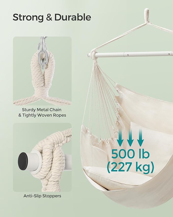 SONGMICS Hammock Chair, Load Capacity 500 lb, Hanging Chair with 2 Cushions, Large Hammock Swing with Chain and Pocket, for Indoor, Outdoor, Living Room, Bedroom, Cream White UGDC197M01