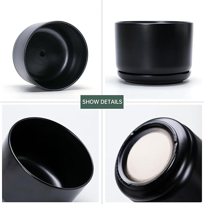Ton Sin Plant Pots, 4.1+5.1+6.5 inch, Set of 3, Ceramic Planters with Drainage Hole and Saucer, Indoor Flower Pot Gifts for Mom（Matte Black）