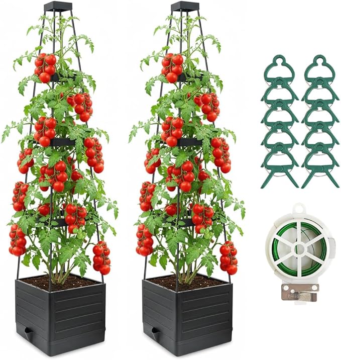 2 Pack Raised Garden Bed Planter Box with Trellis, 58”Tomato Planter with Trellis for Climbing Plants Vegetables Vine Flowers, Self-Watering Tomato Cage for Garden Patio Outdoor & Indoor