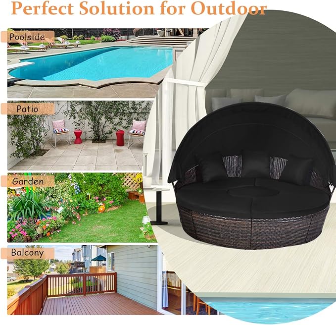 Tangkula Patio Round Daybed with Retractable Canopy, Outdoor Wicker Rattan Furniture Sets, Sectional Cushioned Sofa Set w/Height Adjustable Coffee Table, Rattan Conversation Sets (Black)