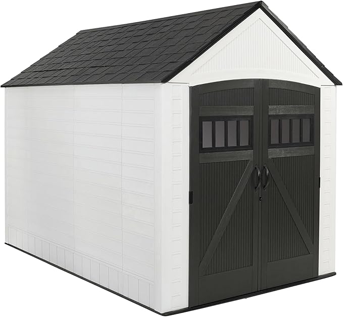 Rubbermaid Resin Outdoor Storage Shed With Floor (7 x 10.5 Ft) Weather Resistant, White, Organization for Home/Backyard/Garden Tools/Lawn Mower/Bike Storage/Pool Supplies