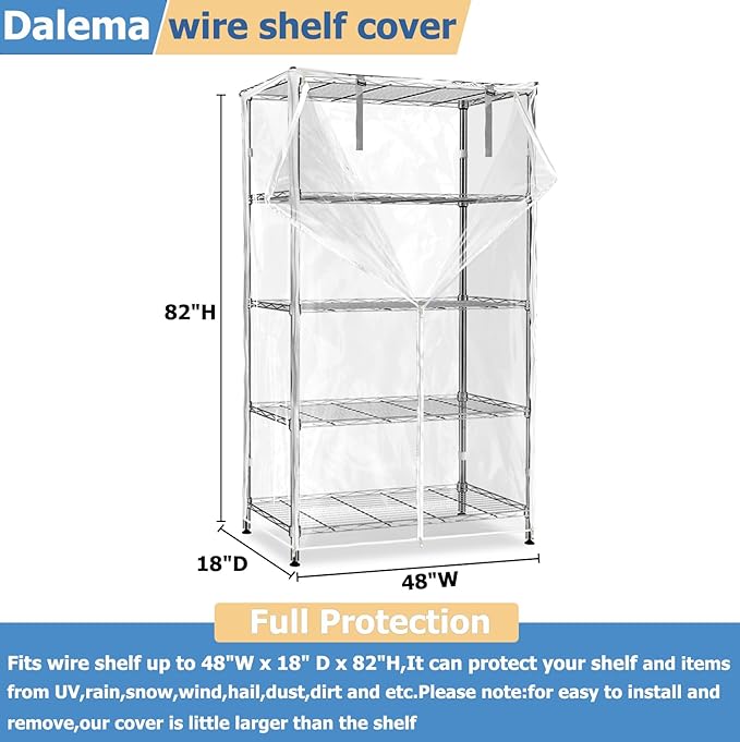 Waterproof Shelf Cover,Durable Dustproof Storage Wire Rack Covers,Outdoor Shelving Covers for Wire Shelves with Zipper 48''x18''x82'',Clear,Cover Only