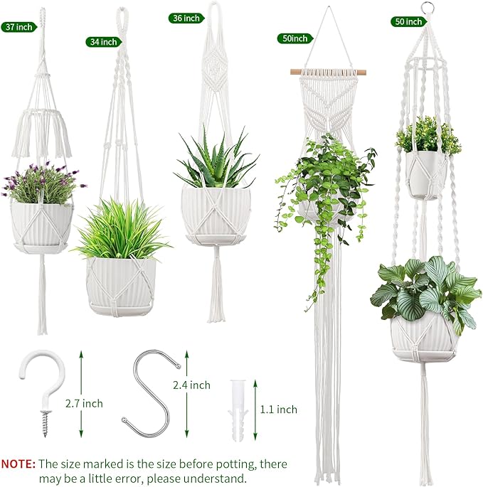 Macrame Plant Hangers, 5Pack Hanging Planters for Indoor Plants w/ 5 Set Hooks Handmade Cotton Rope Hanging Plant Holders Plant Hanger Indoor for Boho Home Decor (Planter Pot Not Included)